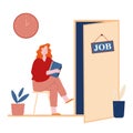 Human Resources, Hr Recruitment Concept. Candidate Woman with Cv in Hand Sitting on Chair Front of Door