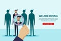 Human resources interview concept. Recruitment and hiring banner or poster design template. Vector flat illustration.