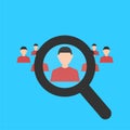 Human resources. Magnifier searching a man. Search for employe. Recruitment. Business concept. Flat design Royalty Free Stock Photo