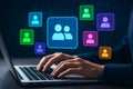 Human resources management and user group categorization with colorful icons and laptop interaction Royalty Free Stock Photo