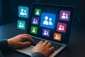 Human resources management and user group categorization with colorful icons and laptop interaction Royalty Free Stock Photo