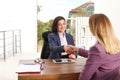 Human resources manager shaking hands with applicant during job interview