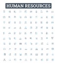 Human resources vector line icons set. Recruitment, Hiring, Job, Training, Benefits, Compensation, HR illustration