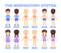 Human Respiratory System in a Cartoon Style. Little Boy and Girl in Underwear, Clothes. Silhouette of a Child and lungs. Front