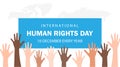 Human right day concept. International peace. Different skin color hands were raised on the world map. Equality awareness icon. Royalty Free Stock Photo