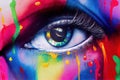 Human Right eye closeup with colorful illustration. Adult man face with multicolored on face. Male eye with blue iris