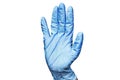 Human right hand in blue rubber medical glove on white background isolated closeup, one surgeon hand in latex protective glove Royalty Free Stock Photo