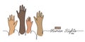 Human rights day concept, banner, background with color hands. One line drawing art illustration with lettering world