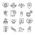 Human rights day, line icons set design, included hands heart book dove