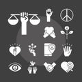 Human rights day, line icons set design, included hearts yin yang peace law hands black background Royalty Free Stock Photo