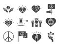 Human rights day, line icons set design, included pigeon hands heart ribbon