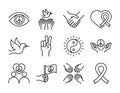 Human rights day, line icons set design, included pigeon hands heart ribbon