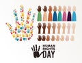 Human rights day poster with hands up and hands prints Royalty Free Stock Photo