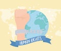 Human rights, hand with handcuffs and chain world banner Royalty Free Stock Photo