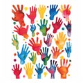 Human rights. Hands up with rainbow watercolor stains. Volunteers Union and friendship of different people in community