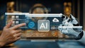 Human and robot collaboration in artificial intelligence, showcasing data analytics and advanced technology interface Royalty Free Stock Photo