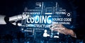 Human and Robot Collaboration in Coding and Programming with Keywords of Technology, Data Structure, and Software Royalty Free Stock Photo