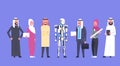 Human And Robot Cooperation, Arab Business People Group With Modern Robotic, Artificial Intelligence Concept