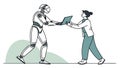 Human and robot exchanging data, representing tech collaboration. vector design Generative AI Royalty Free Stock Photo