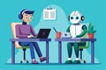 A human and a robot focus intently on their laptops while sitting at desks in a vibrant office environment Royalty Free Stock Photo