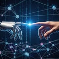 Human and robot hands connect, symbolizing future technological era isolated on white background Royalty Free Stock Photo