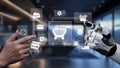 Human and robot hands interacting with digital shopping icons, showcasing technology, e-commerce, automation, and Royalty Free Stock Photo