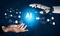 Human and Robot Hands Reaching Towards AI Technology Concept with Data Connections in a Futuristic Environment Quark Royalty Free Stock Photo