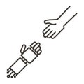 Human and robot hands together sticking out to eachoter. Vector icon representing the benefits humans can have with artificial