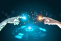 Human, Robot hands touch connect on binary code Royalty Free Stock Photo