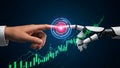 Human and Robot Hands touching with financial graph for artificial intelligence and technology concept Royalty Free Stock Photo
