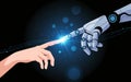 Human and robot hands touching fingers in a futuristic digital connection interface art Royalty Free Stock Photo