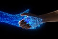 Human and robot handshake with empty space on blue background, artificial intelligence, AI, in futuristic digital technology and Royalty Free Stock Photo