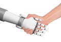 Human and robot handshake with empty space on white background, artificial intelligence, AI, in futuristic digital technology and Royalty Free Stock Photo