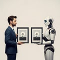 A human and a robot are holding identical paintings, the concept of copyright infringement by artificial intelligence. Royalty Free Stock Photo