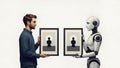 A human and a robot are holding identical paintings, the concept of copyright infringement by artificial intelligence. Royalty Free Stock Photo