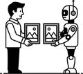 A human and a robot are holding identical paintings, the concept of copyright infringement by artificial intelligence. Royalty Free Stock Photo