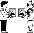 A human and a robot are holding identical paintings, the concept of copyright infringement by artificial intelligence. Royalty Free Stock Photo