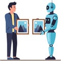 A human and a robot are holding identical paintings, the concept of copyright infringement by artificial intelligence. Royalty Free Stock Photo