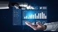 Human and Robot Interaction with Digital Dashboard Displaying Data Analytics and Graphs on Futuristic Background Impute Royalty Free Stock Photo