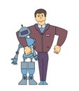 Human-Robot Interaction. Strong man making friends with a robot. Cartoon characters. Simple line vector illustration Royalty Free Stock Photo