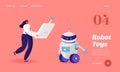 Human and Robot Landing Page Template. Tiny Female Character Carry Huge Remote Control to Make Robot Moving. Cyborg