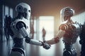 Human and robot meeting and handshake concept of future interaction with artificial intelligence. 3D rendering Royalty Free Stock Photo