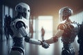 Human and robot meeting and handshake concept of future interaction with artificial intelligence. 3D rendering