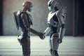 Human and robot meeting and handshake concept of future interaction with artificial intelligence. 3D rendering