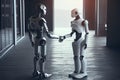 Human and robot meeting and handshake concept of future interaction with artificial intelligence. 3D rendering Royalty Free Stock Photo