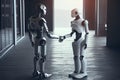 Human and robot meeting and handshake concept of future interaction with artificial intelligence. 3D rendering