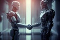 Human and robot meeting and handshake concept of future interaction with artificial intelligence. 3D rendering