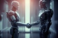 Human and robot meeting and handshake concept of future interaction with artificial intelligence. 3D rendering Royalty Free Stock Photo