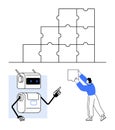 Human and Robot Collaborating to Solve Puzzle, Emphasizing Innovation and Teamwork Royalty Free Stock Photo