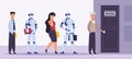 Human and robot recruitment. People and artificial intelligence standing in job interview line, employment competition